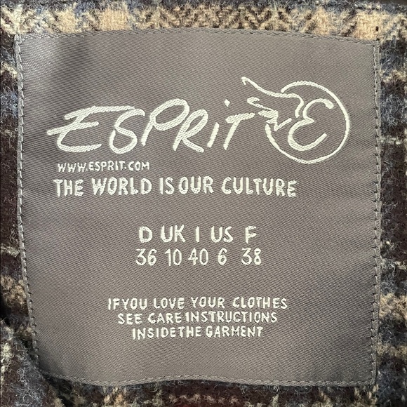 Esprit Wool blend Plaid Y2K long Coat. Removable hood. Size 6 - Picture 3 of 3